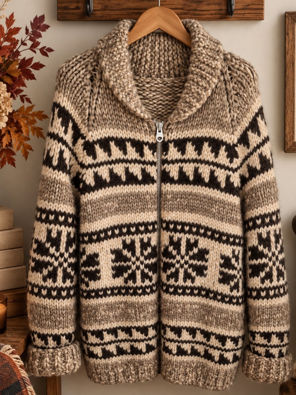 Hand Knit Heavy Wool Cowichan Style Nordic Zip Cardigan Sweater 25” PTP